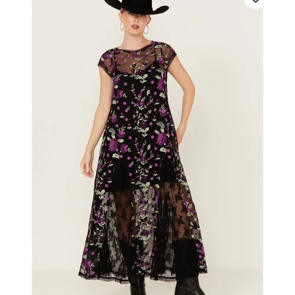 Free People Sky Bright Floral Embroidered Sheer Lace Overlay Midi Dress size XS